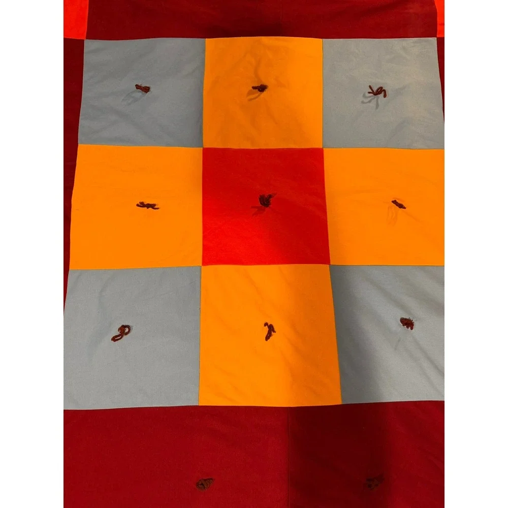 Handmade Patchwork Tied Quilt Orange Burgundy Blue Geometric Block Bedspread